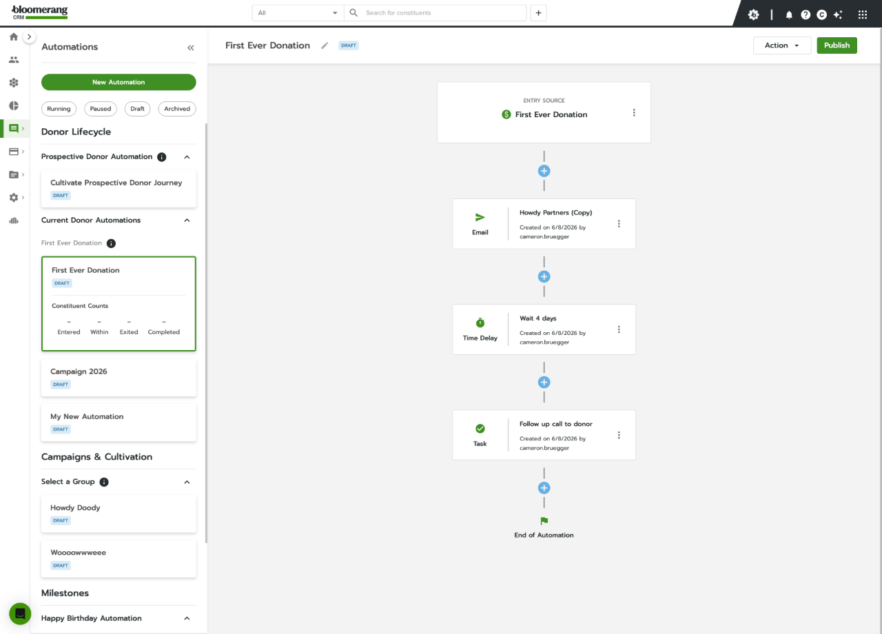 The Journey Automation builder — a published donor journey with email, wait, and task steps.